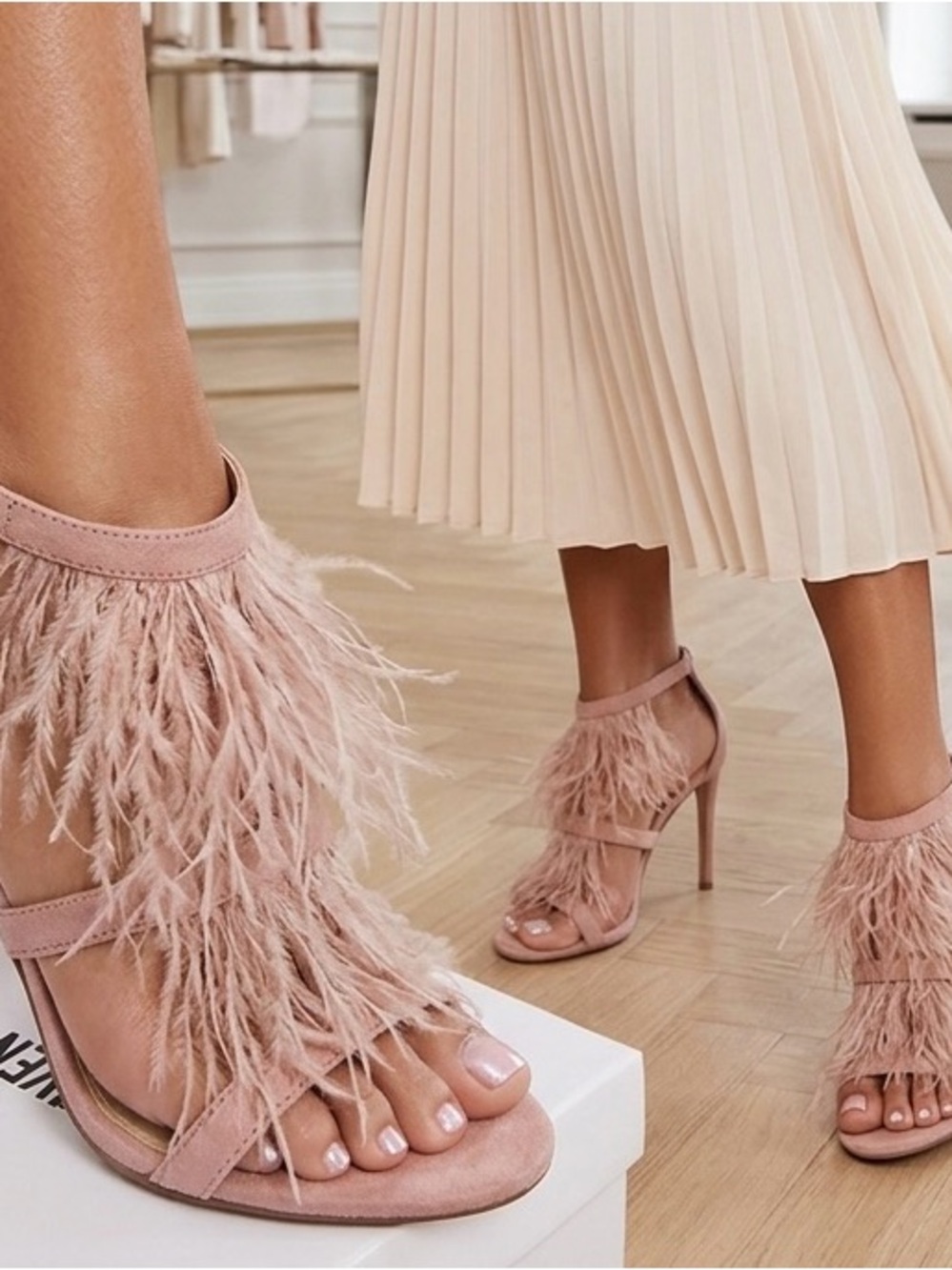 Steve Madden Feather-Trim Stiletto Sandals in Blush